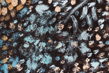Texture of an old, metallic, black surface with scratches and rust. Remains of yellow, blue and cyan paint on the surface. Background, wallpaper. Close-up.