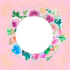 ピンクとオレンジ色のバラのピエールドロンサールのフラワーリースと金粉の手描き水彩画イラストと円形のメッセージカード