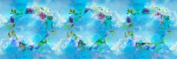 Fototapeta na wymiar 薔薇のフラワーリース手描き水彩画と円形、ダイヤ型、正方形のメッセージカードと青く美しい雲海の背景のセットイラスト