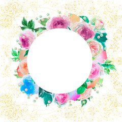 ピンクとオレンジ色のバラのピエールドロンサールのフラワーリースと金粉の手描き水彩画イラストと円形のメッセージカード