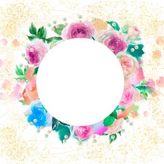 ピンクとオレンジ色のバラのピエールドロンサールのフラワーリースと金粉の手描き水彩画イラストと円形のメッセージカード