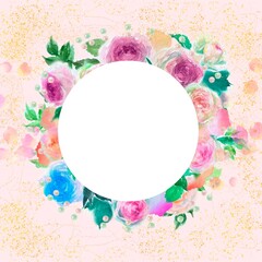ピンクとオレンジ色のバラのピエールドロンサールのフラワーリースと金粉の手描き水彩画イラストと円形のメッセージカード