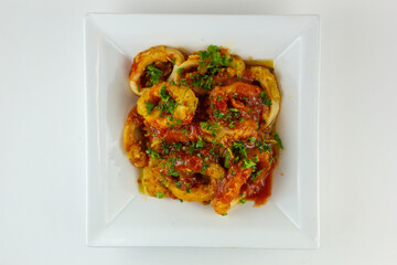 Fried Calamari with tomato sauce. 