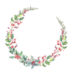 Watercolor Woodland Christmas Floral wreath illustration isolated, Botanical greenery frame decoration for greeting card, poster, invitation, baby shower, Merry Christmas, New Year, nursery print