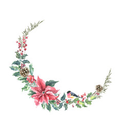 Naklejka premium Watercolor Woodland Christmas Floral wreath illustration isolated, Botanical greenery frame decoration for greeting card, poster, invitation, baby shower, Merry Christmas, New Year, nursery print