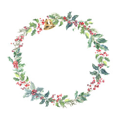 Fototapeta premium Watercolor Woodland Christmas Floral wreath illustration isolated, Botanical greenery frame decoration for greeting card, poster, invitation, baby shower, Merry Christmas, New Year, nursery print