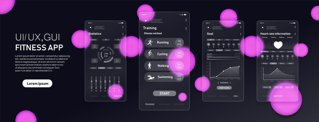 Fitness app interface. Active lifestyle and sports, modern technologies and digital world. Program for collecting training statistics and drawing up schedule. Cartoon flat vector illustration