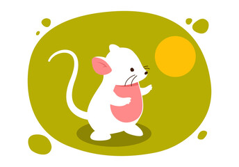 Mice with sun. White mammal drawn to warmth. Summer or spring hot day. Picture for printing on childrens clothing. Chinese traditions and character for kids. Cartoon flat vector illustration