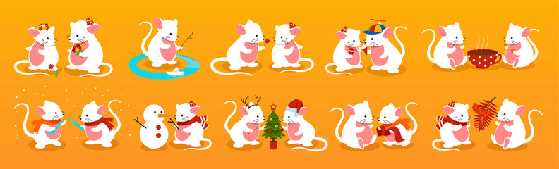 Mouse couple set. Collection of characters on romantic date. White mammals in different life situations. New Year and Christmas. Cartoon flat vector illustrations isolated on orange background