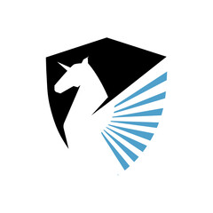 shield with flying Horse Logo Template Vector illustration pegasus unicorn design on white background