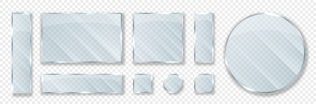 Realistic glass plates. Collection of interior elements for bathroom and room. Set of mirrors for boutique, texture for website. Isometric vector illustrations isolated on transparent background