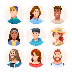 Cheerful people avatar characters set. Men and women avatars in cartoon style