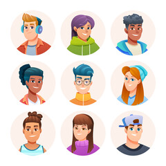 Cheerful teenage avatar characters collection. Boys and girls avatar in cartoon style