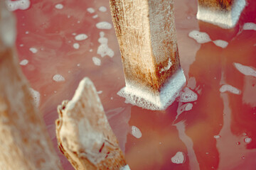 pink salt lake. wooden sticks stick out of the water