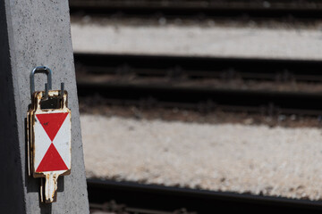 Closeup train end signal panels railroad tracks