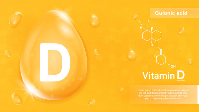 Vitamin D yellow. Micronutrients and healthy lifestyle. Poster or banner for pharmacy website. Healthy eating and proper nutrition. hemical formula of gulonic acid. Flat vector illustration