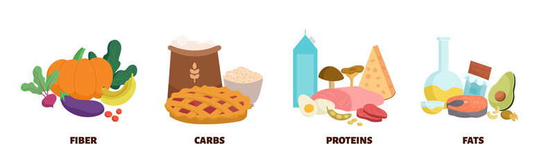 Set of healthy macronutrients. Collection of products, proteins, fats, carbohydrates and vitamins. Balanced diet and right nutrition. Cartoon flat vector illustrations isolated on white background
