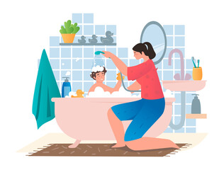 Baby bathes concept. Mother helps son to wash, family support and care. Hygiene, routine and household chores. Good relationship between parents and children. Cartoon flat vector illustration