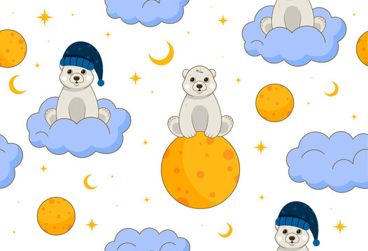 Bear seamless pattern. Animals on moon and clouds, repeating image for printing on bed linen. Cute kids characters in night sky, fantasy, imagination and dreams. Cartoon flat vector illustration