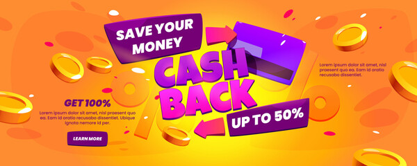 Cash back offer web banner. Concept of refund money after buy. Vector cartoon promotion background, landing page of cashback with gold coins, arrows and credit card, percentage sign, button learn more