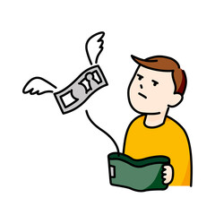 財布からなくなるお金を悲しそうに見つめる男性のイラスト（白背景・ベクター・切り抜き）