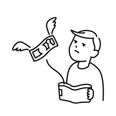財布からなくなるお金を悲しそうに見つめる男性のイラスト（白背景・ベクター・切り抜き）