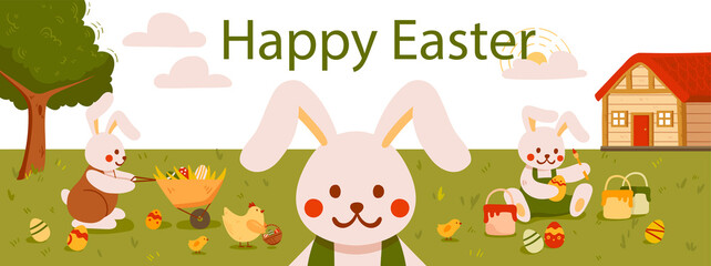 Happy Easter poster. Small and cute rabbits on farm, friendly characters. Website cover, greeting or invitation card design. Religion and traditions, spring holiday. Cartoon flat vector illustration