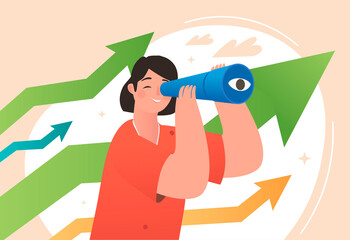 Looking to future. Girl looks through binoculars. Metaphor for leadership, motivation and hardworking support. Talented entrepreneur plans company development. Cartoon flat vector illustration