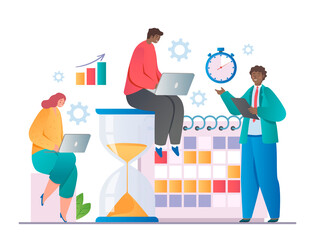 Concept of management. Men and girls with laptops working on same project. Time management and efficient office work. Boss gives instructions to subordinates. Cartoon flat vector illustration