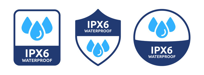 Waterproof ipx6 label set. Vector badge with drop of water in shield symbol illustration. Rainproof standard material protection.