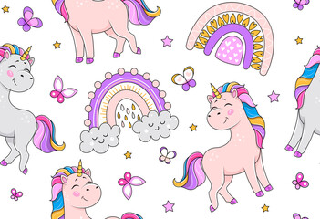 Seamless pattern wiht unicorns. Repeating image for printing on bed linen. Cute imaginary characters for girls, rainbow and clouds. Fantasy and imagination, dreams. Cartoon flat vector illustration
