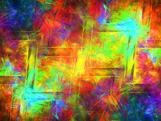 Imagen de arte digital conceptual compuesto de líneas paralelas y perpendiculares cruzadas y rellenas de colores fluorescentes formando una cuadrícula atravesada por rayos luminosos. - obrazy, fototapety, plakaty