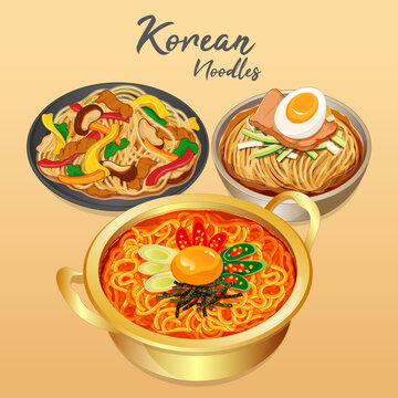 Korean stir fry noodles food. (Sundubu Ramyun or Ramyeon, Jajangmyeon, Naengmyeon) Korean stir fried noodles street food set menu set close up illustration vector. Spicy korean kimchi ramen noodles.