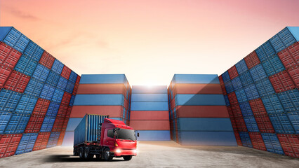 Transport of container truck in shipping port with stack of colorful containers box background, copy space, Business Logistics import export goods of freight carrier, Transportation industry concept