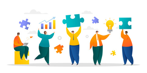 Fototapeta premium Team work concept. Men and women work on same project, creative personalities. Meeting and brainstorming. Employees or colleagues drom analytical department. Cartoon flat vector illustration