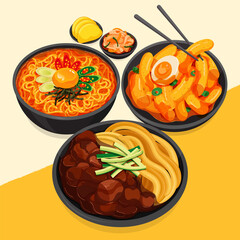 Korean stir fry noodles food. (Sundubu Ramyun or Ramyeon, Tteokbokki, Jajangmyeon) Korean stir fried noodles street food set menu set close up illustration vector. Spicy korean kimchi ramen noodles.