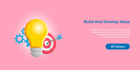 3D cartoon style. Business idea goal concept, with dartboard, cogs, and light bulb icon design
