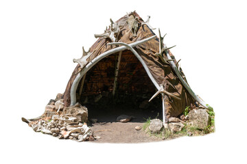 Hut made of animal skins and bones. Reconstruction of the human home of the Stone Bronze Age.