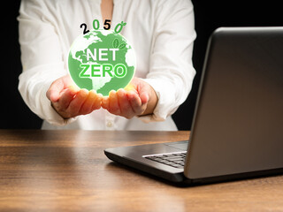 The earth icon with the letters Net-zero on the palm woman while sitting in the office
