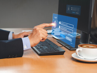 Close-up of hand scan fingerprint biometric identity to access personal data in the computer.
