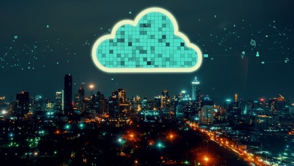 Cloud computing technology and online data storage for alteration data sharing . Computer connects to internet network server service for cloud data transfer shown in 3D futuristic graphic interface .