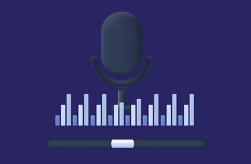 Soundtrack microphone 3d. Record music, conversation, interview with scroll bar. Audio podcast concept with mic, voice. Vector illustration. DJ, speaker, record musical accompaniment, sound volume.