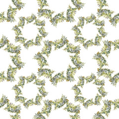 Seamless pattern watercolor circle frame border template for design. Wreath of yellow flower tansy on white background. Hand-drawn summer aroma plant for health. Copy space. Wedding invitation