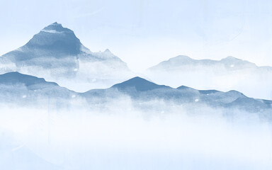 Landscape with mountains, birds and fog in monochrom painted in watercolor, distant mountains layers range in morning mist. Meditation and zen landscape.