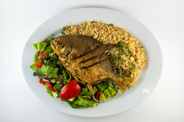 Tilapia Fish with rice and salad. Middle Eastern Dish.