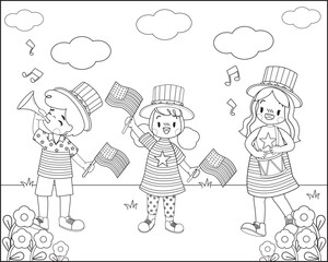 Children's coloring book celebrating Independence Day in the USA.