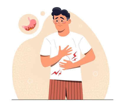 Abdomen pain concept. Young guy holds his stomach with both hands, healthcare. Problems with intestines or digestion. Unhealthy diet and junk food, poisoning. Cartoon flat vector illustration