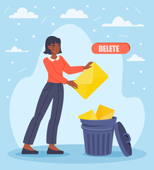 Girl deleting email. Woman throws letter into wastebasket, spam. Metaphor for clearing social networks. Communication on Internet and business correspondence. Cartoon flat vector illustration © 100% HAND-CRAFTED