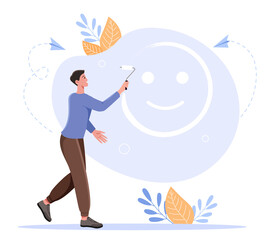 Concept of optimism. Guy draws smiley face with roller and white paint. Good mood and positive. Happy character, emotions and feelings. Psychology and mental health. Cartoon flat vector illustration