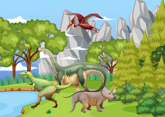 Prehistoric forest with dinosaur cartoon © blueringmedia